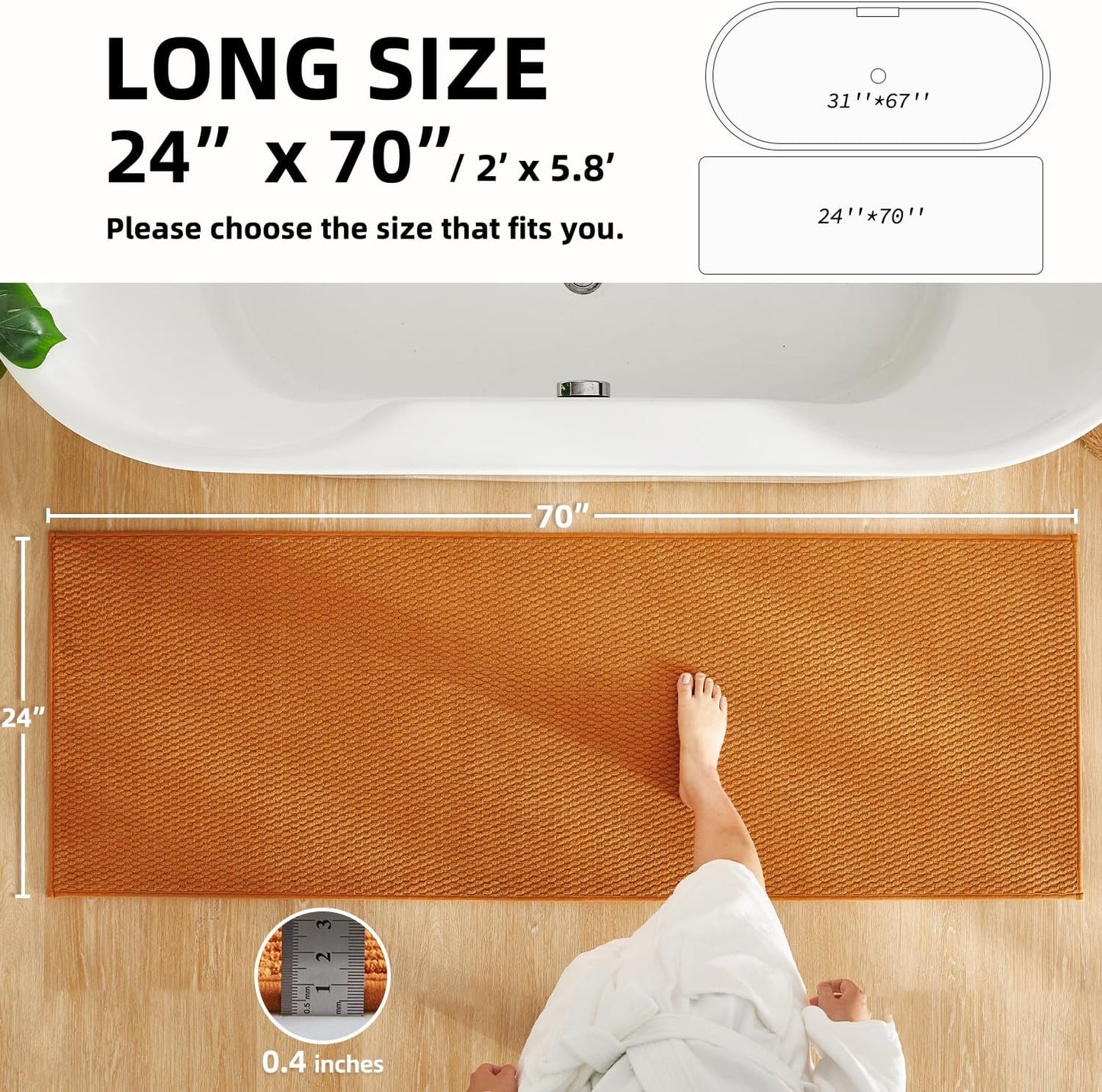 Bathroom Runner Rugs, Long Bath Mat Runner Washable Thin Quick Dry Low Pile Bathroom Runner Rugs Non Slip, Orange 24"x70"