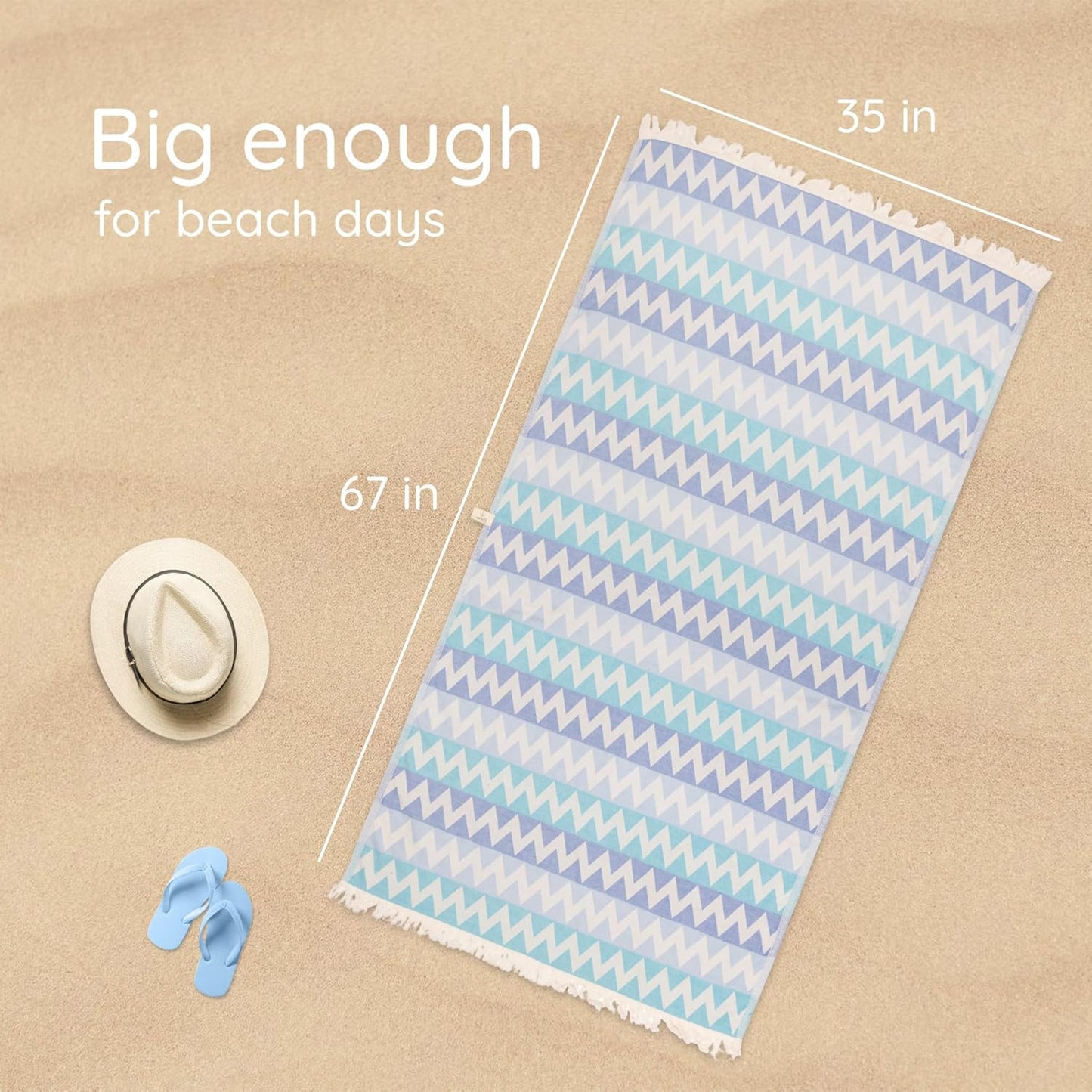Premium Turkish Beach Towel – 100% Cotton, Quick Dry, Sand Free, Oversized Beach Towel 35”x 67” – Ideal for Travel, Pool, and Beach, – Zig Zag Blue