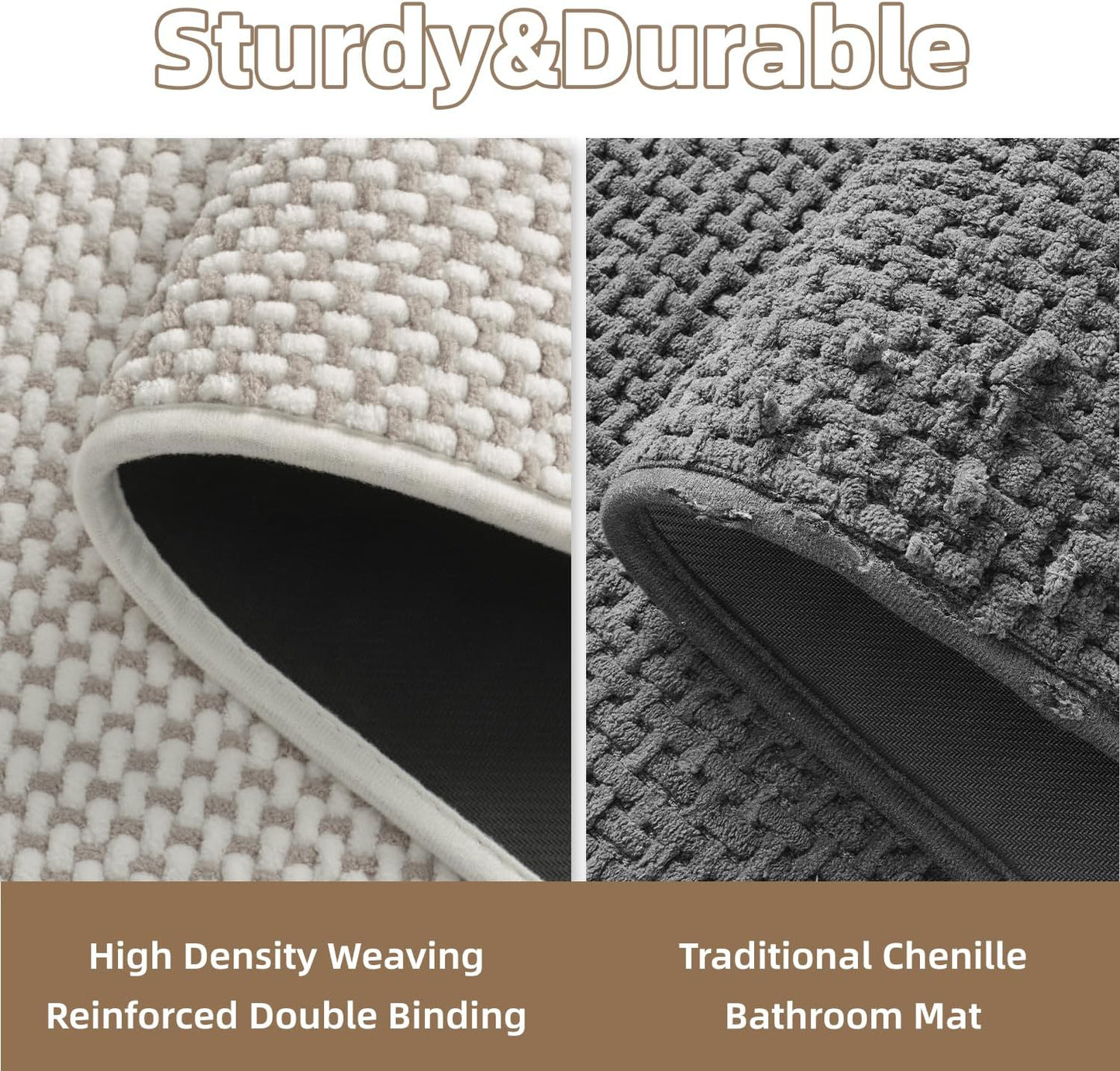 PADOOR-Bath Mat-Super Absorbent Chenille Bathroom Mats-Rubber Backed Bath Mats for Bathroom Non Slip, Easy Clean Bathroom Rugs Front of Bathtub,Shower Room,Sink-17×28, Beige&Cream