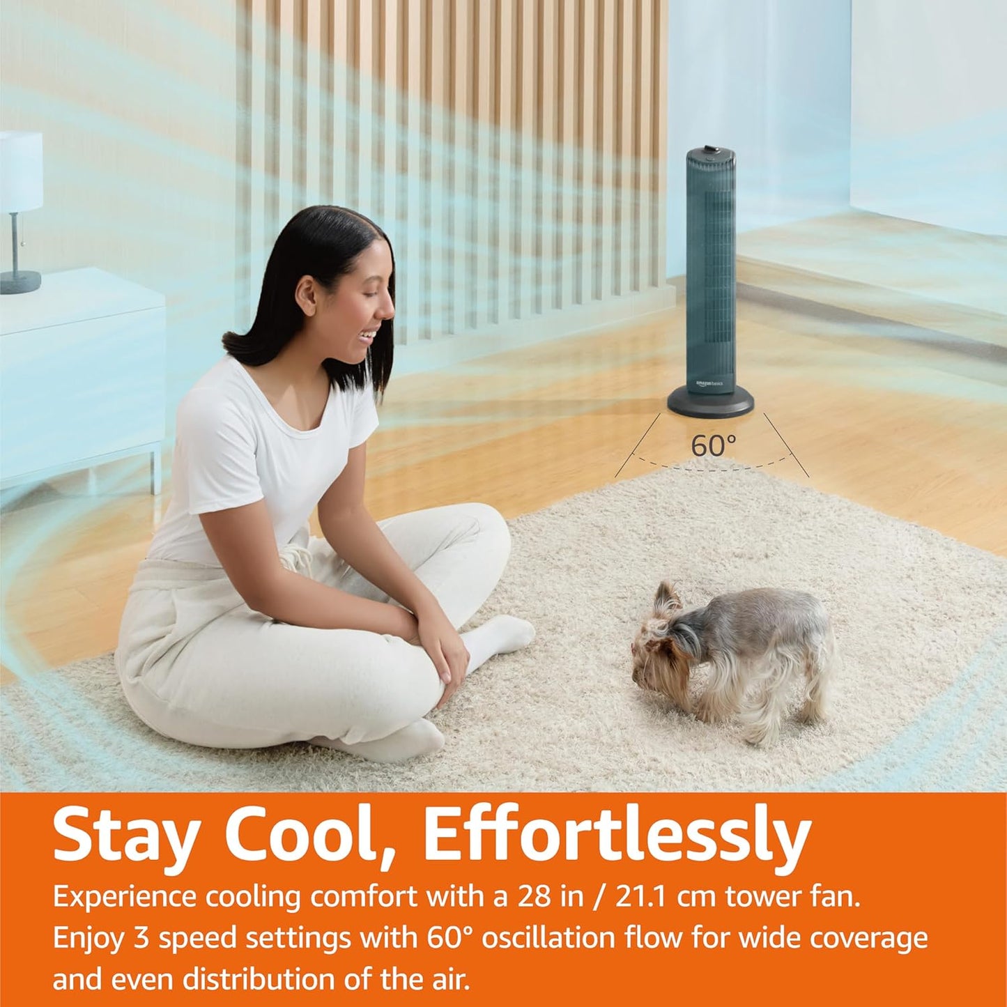 Amazon Basics 28" 60-Degree Oscillating Tower Fan for Bedroom, Living Room, Office, With 3 Speeds, Intuitive Mechanical Control, Black, 35W, 27.8"H x 9.4"D x 9.4"W