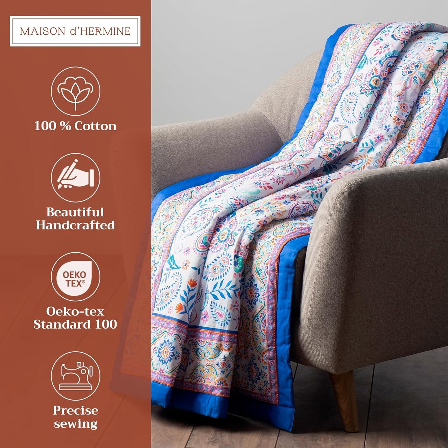Maison d' Hermine Throw Blanket for Couch Lightweight Soft Warm Breathable Cotton Throw Blankets for Bed Girls Boys Women Men Gifts Sofa Travel Living Room Chair Bedding (50"x60", Indian Floral)