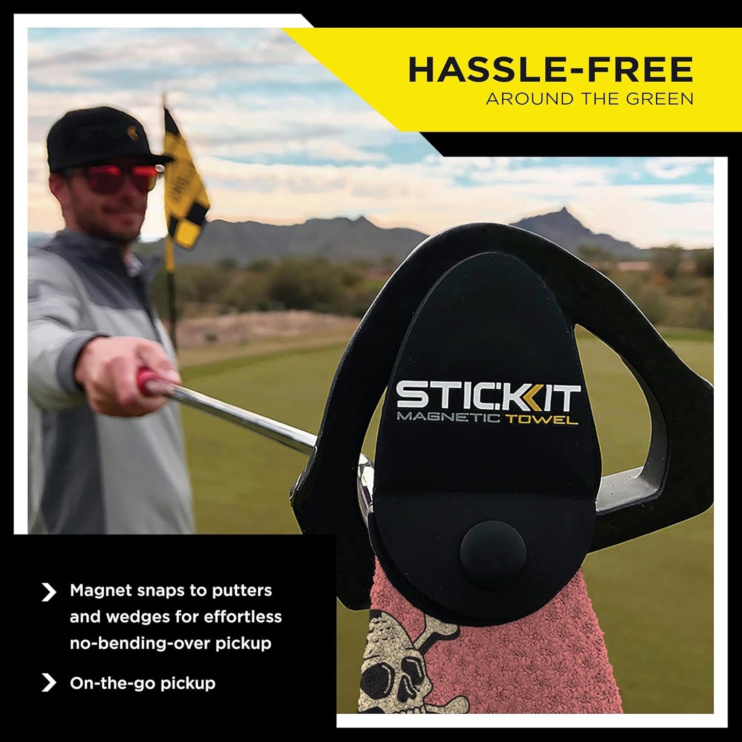 STICKIT Magnetic Golf Towel with Pink Skulls | Top-Tier Microfiber Golf Towel with Deep Waffle Pockets | Industrial Strength Magnet for Strong Hold to Golf Carts or Clubs