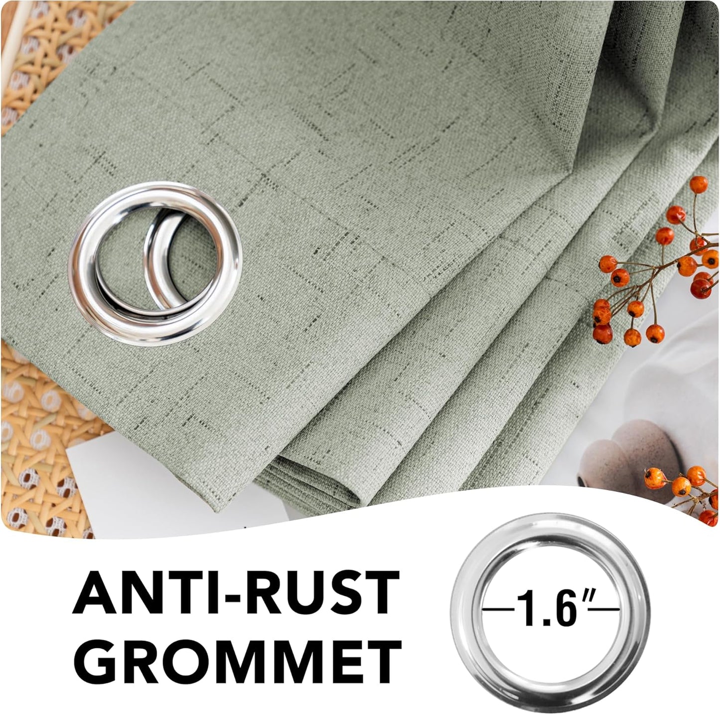 H.VERSAILTEX Linen Blackout Curtains 72 Inches Long 100% Absolutely Blackout Thermal Insulated Textured Linen Look Curtain Draperies Anti-Rust Grommet, Energy Saving with White Liner, 2 Panels, Sage