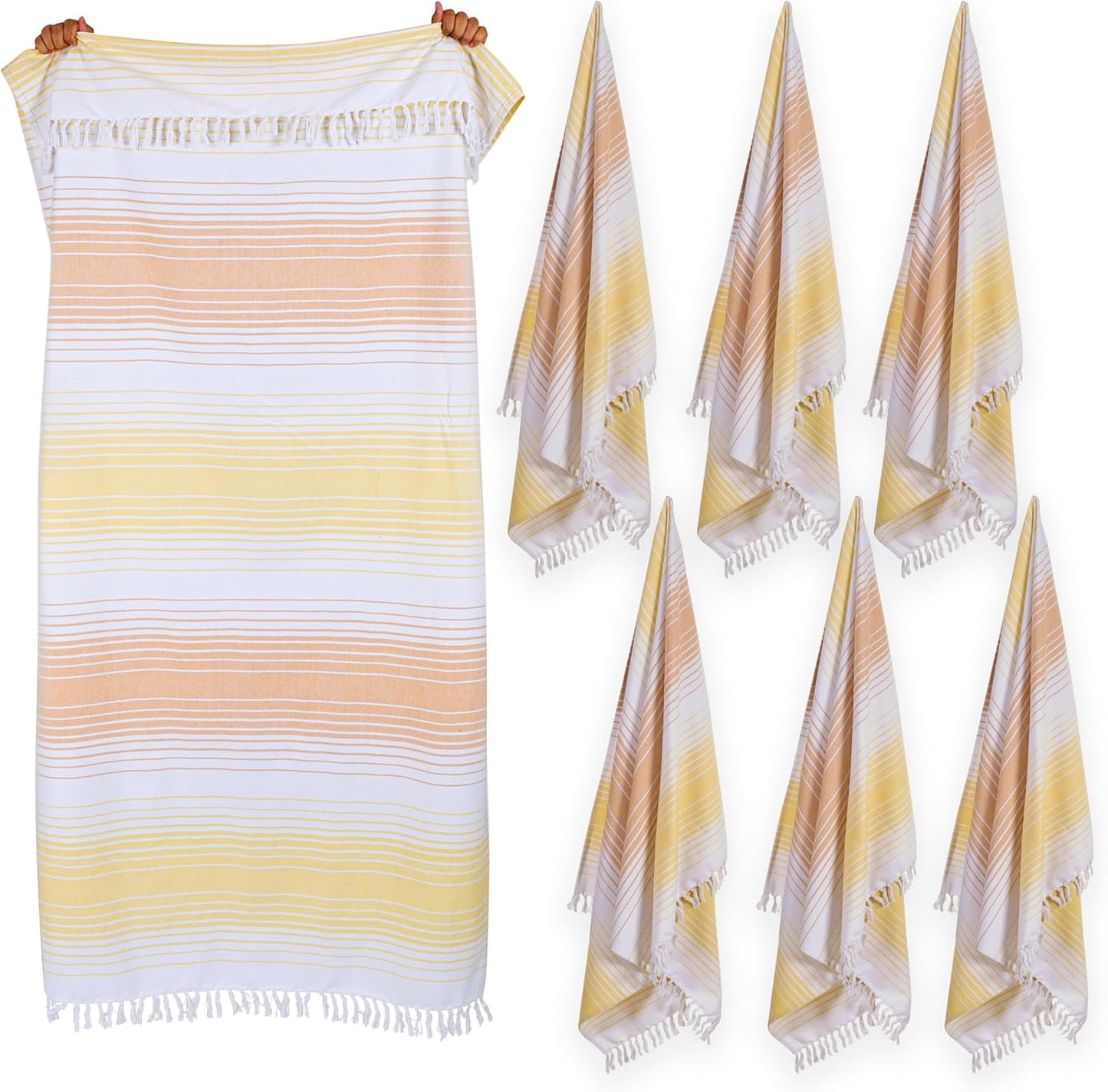 Native Fab Turkish Stripe Beach Towels - Set of 6 - Extra Large 40x71 Inch - 100% Cotton Quick Dry Lightweight Thin Sand Free - Hammam Towel for Adults, Bath, Spa, Pool, Camp - Yellow