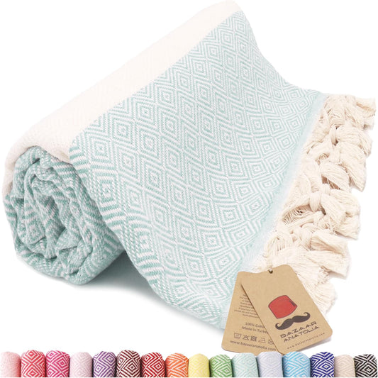 Bazaar Anatolia Turkish Beach Towel – 100% Cotton, Quick Dry, Sand Free Towel for Bathroom, Camping, Travel, Teal – Oversized 71x39 Inches – Diamond Mint