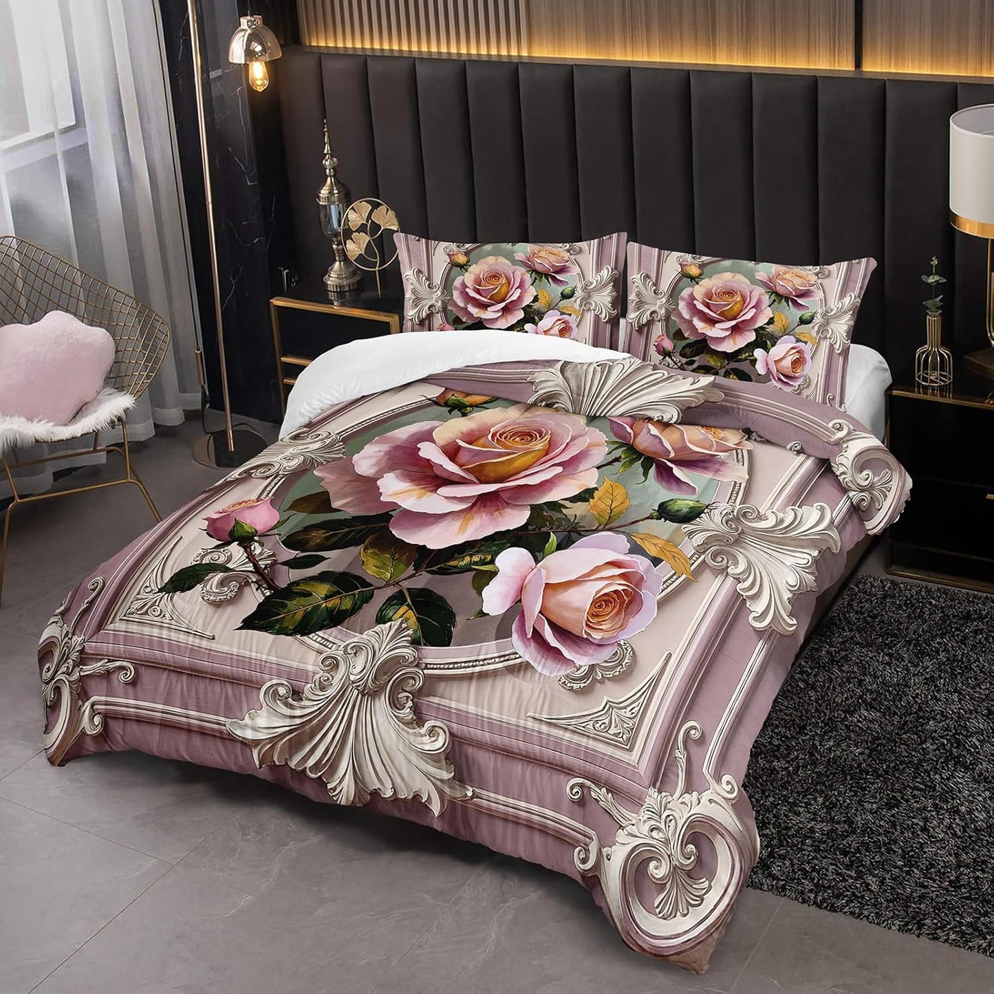 Pink and White Flower Queen Size Comforter Set，Flower Bed Bedding for Kids Queen Size