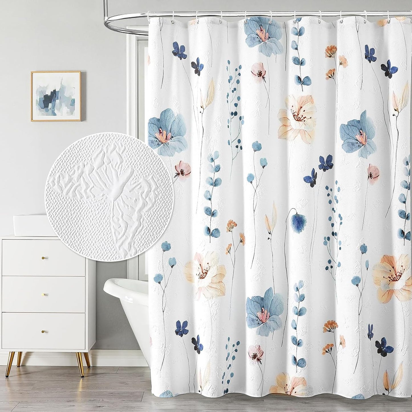 QiyI Long Shower Curtain 72 x 78, Modern Watercolor Floral Shower Curtain, 3D Embossed Textured Beige Flower Cloth Bathroom Curtain, Waterproof Fabric Rustic Farmhouse Shower Curtain Set with Hooks