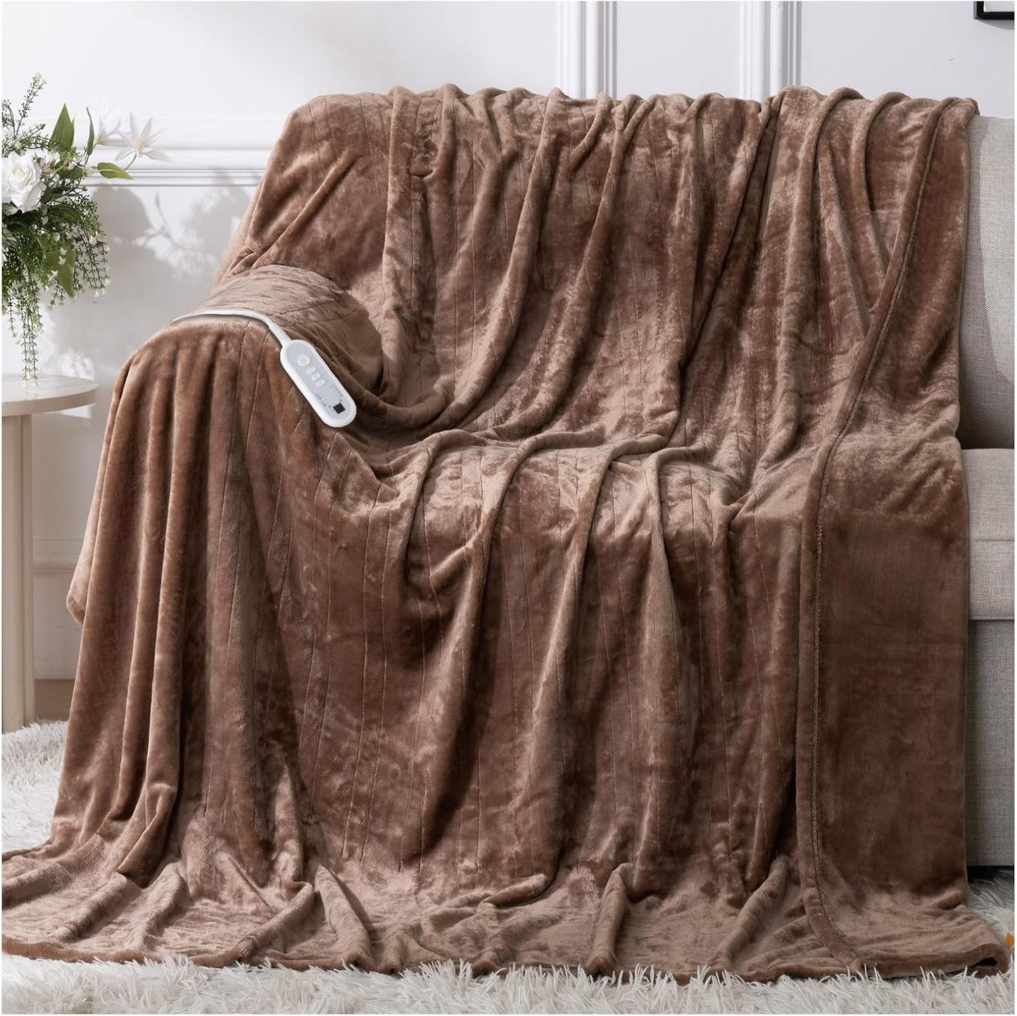 Heated Blanket Electric Throw 72" x 84" Full Size with 8 Heating Levels 10 Hours Time Setings and Auto-Shut Off, Flannel Fast-Heating Electric Blanket, Machine Washable ETL Certified, Brown