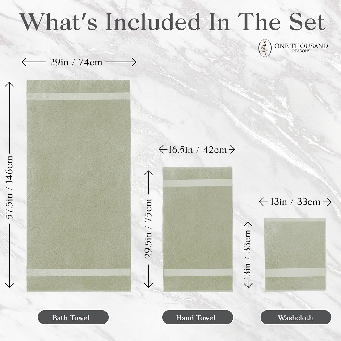 Premium Staple Cotton Bathroom Towel Set - Sage Green 600 GSM 6-Piece Luxury Bath Towel Set 1 Stripe - 2 Bath Towels, 2 Hand Towels & 2 Washclothes Set - High Absorbent & Quick Dry for Gym, Spa, Hotel