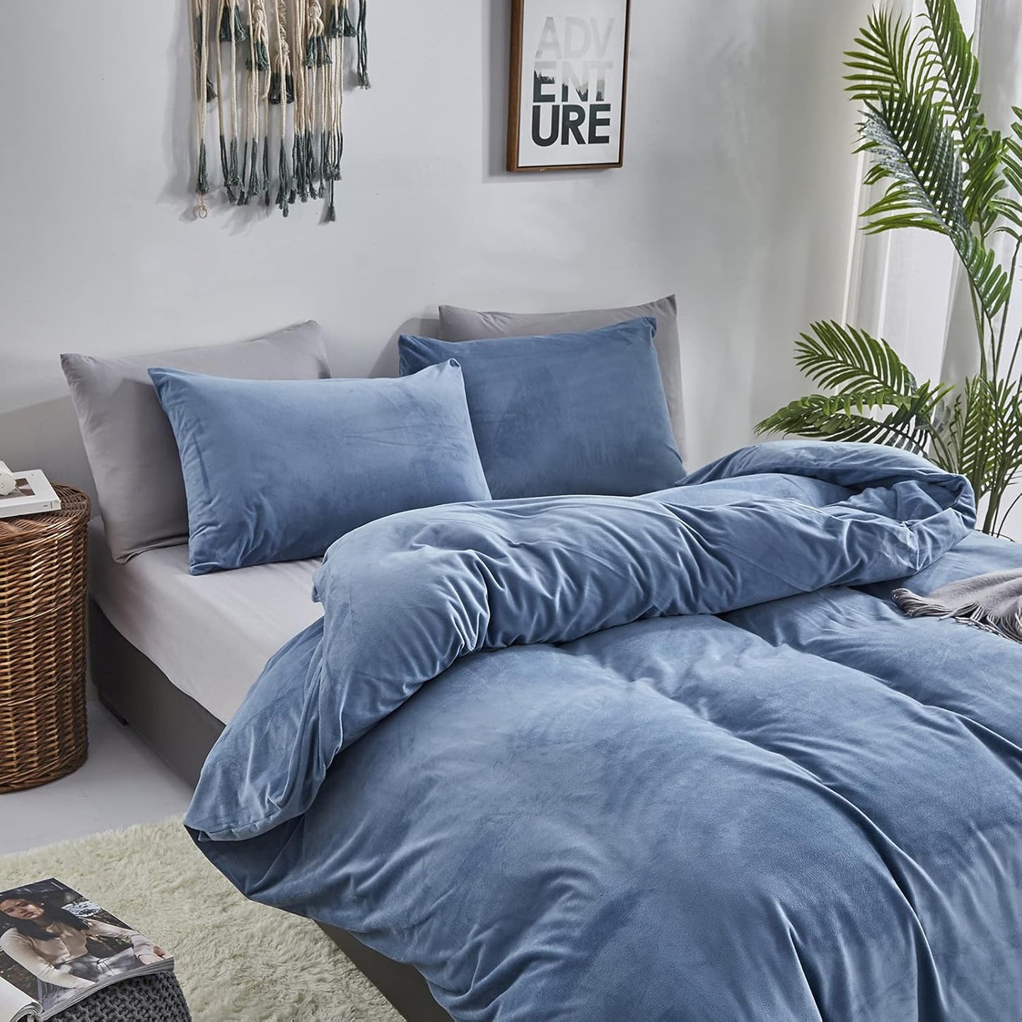 Cottonight Blue Velvet Comforter Full Size Bright Flannel Bedding Plain Lake Blue Winter Quilts Modern Heavyweight Warm 3 Piece Comforter Set for Full Bed