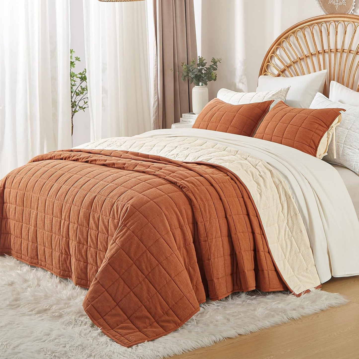 Cotton Quilt Bed Spreads, 3-Pieces Bedding Set with Coverlet Light Weight Quilt Blanket with 2 Pillow Shams (Burnt Orange, Queen)