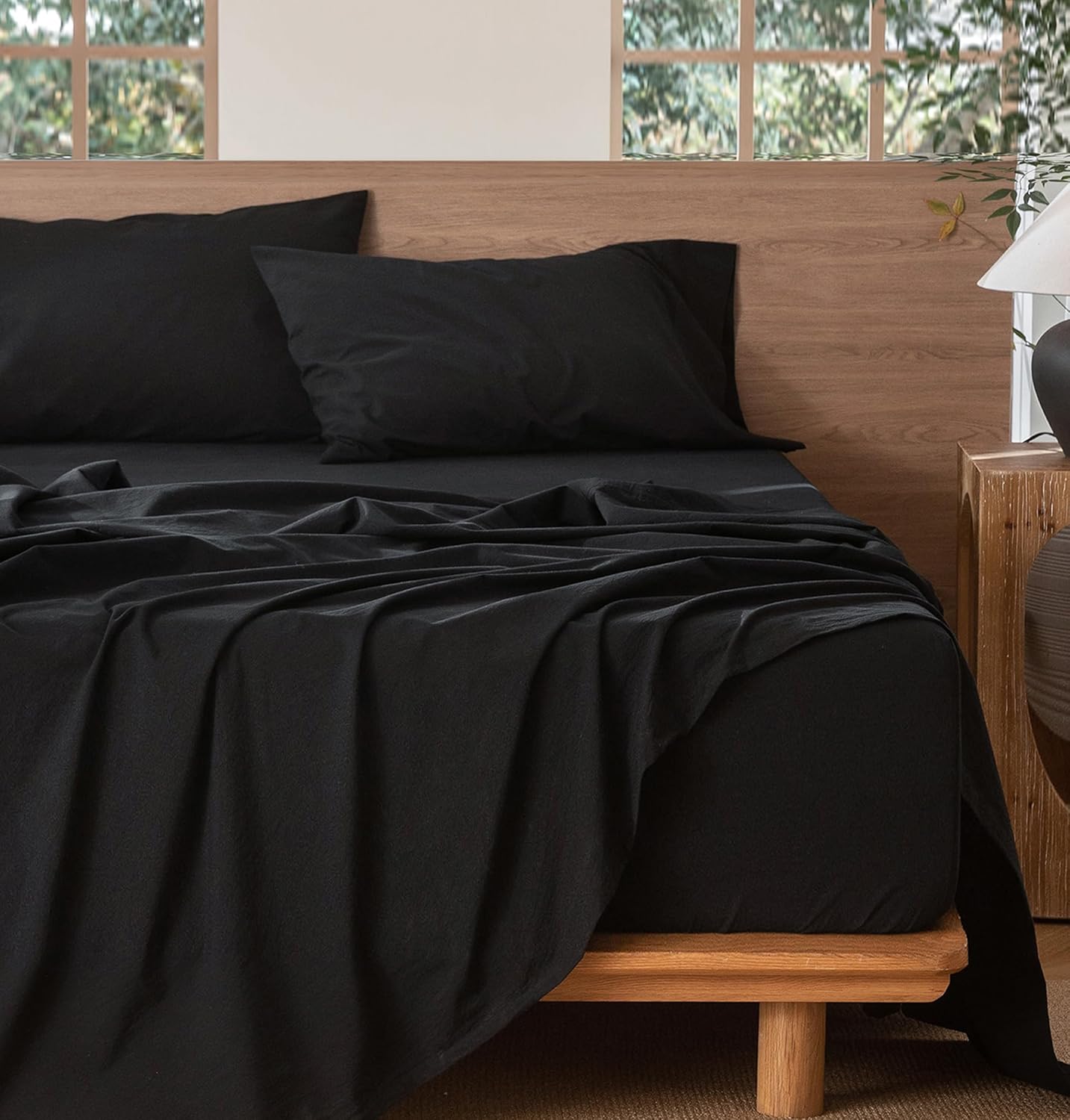 MooMee Bedding Sheet Set 100% Washed Cotton Linen Like Textured Breathable Durable Soft Comfy (Solid Black, Queen)