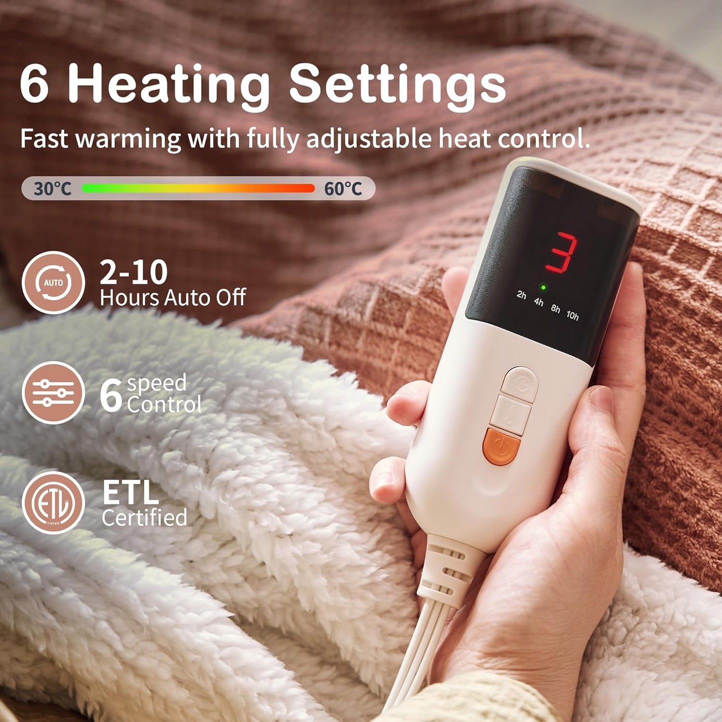 Heated Blanket Electric Blanket Throw 50''X60''-Heating Blanket with 6 Heat Settings-2-10 Hours Auto Off,ETL Certified,Machine Washable (Fog Rose)