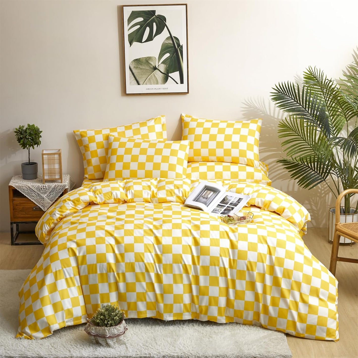 KAREVER Brand King 3PC Bedding Set, Grid Yellow White Comforter Set with Checkered Pattern, All Season Breathable Blanket Set, Durable Bedding for Men and Women, Ideal Gift
