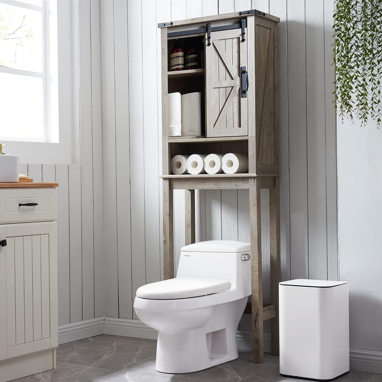 RedLemon Farmhouse Over The Toilet Storage Cabinet, 68" Tall with Sliding Barn Doors & Adjustable Shelves, Rustic Above Toilet Storage Cabinet, Light Rustic Oak