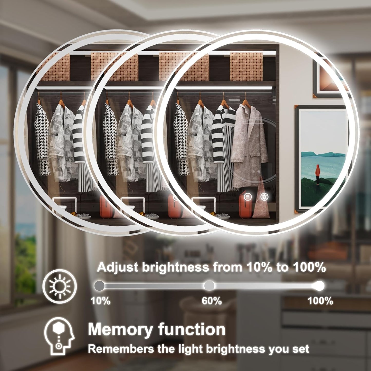 28-Inch Frameless Round LED Bathroom Mirror with Anti-Fog, Memory Function, Dimmable Front & Backlit Lights, 6000K Daylight, 5mm HD Glass, Touch Control