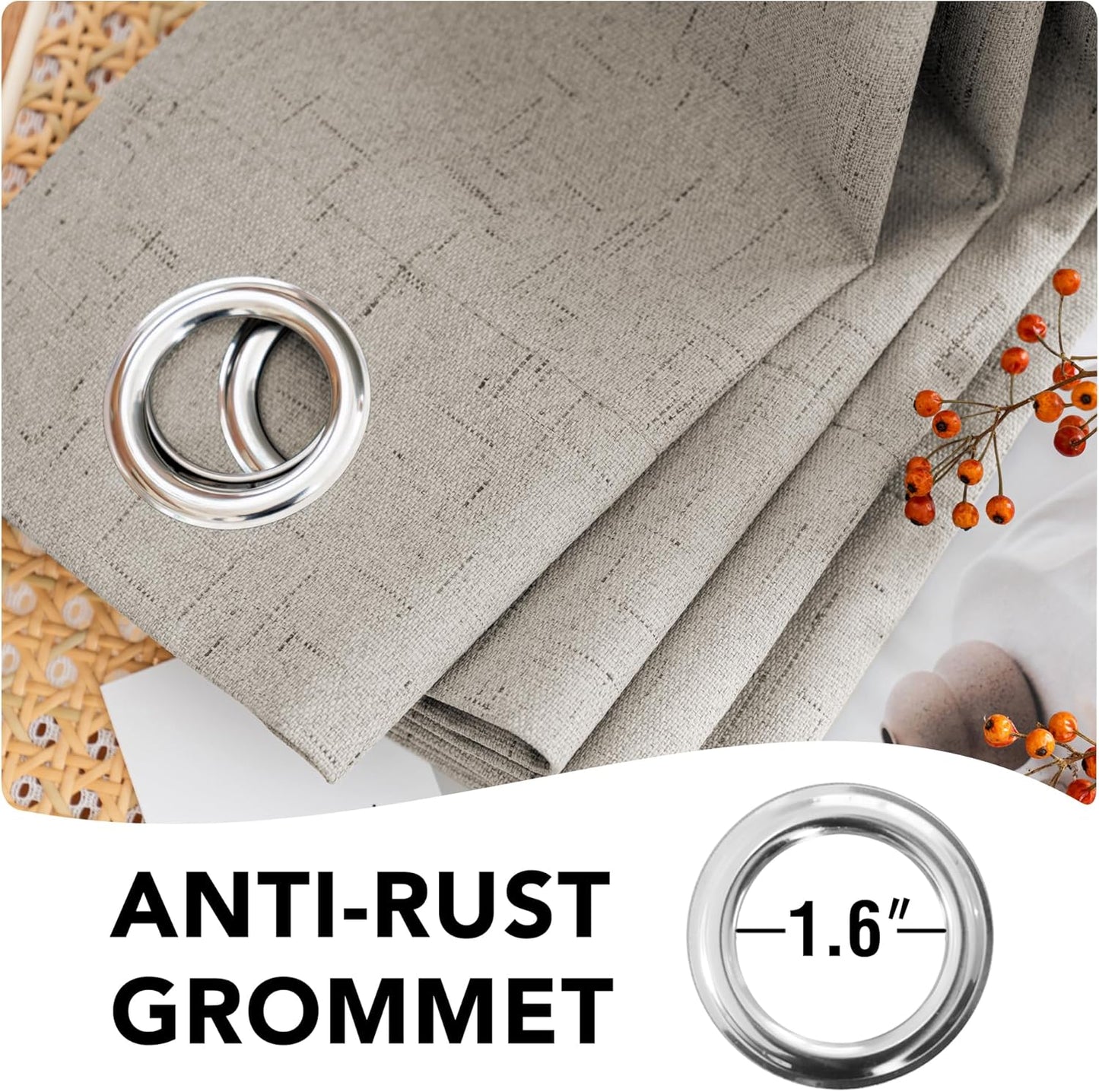 H.VERSAILTEX Linen Blackout Curtains 45 Inches Long 100% Absolutely Blackout Thermal Insulated Textured Linen Look Curtain Draperies Anti-Rust Grommet, Energy Saving with White Liner, 2 Panels, Stone
