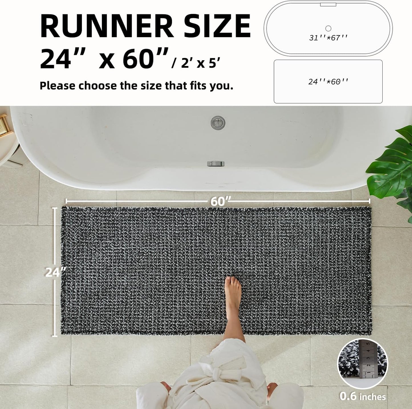 Black and White Bathroom Rugs, Waffle Runner Rug Bathroom Non Slip Washable Long Super Absorbent Quick Dry Boho Farmhouse Bath Decor, 60"x24" Black and White