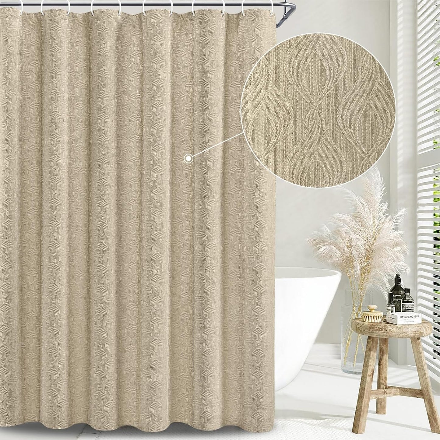 Awellife Modern Farmhouse Shower Curtains for Bathroom Fabric Beige Cotton Touch Bohemian Geometric Minimalist 72" L X 72" W