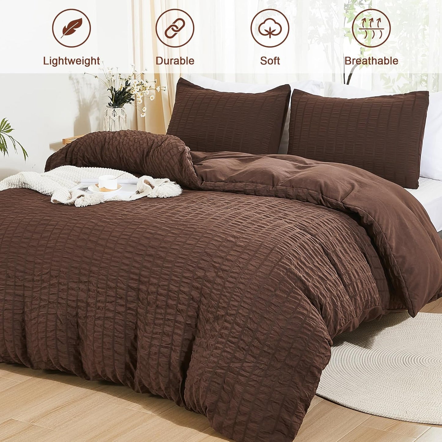 AveLom Brown Duvet Cover Full(80 x 90 inches), 3 Pieces (1 Duvet Cover, 2 Pillow Cases),Seersucker Tripe Soft Washed Microfiber Textured Duvet Cover Set with Zipper Closure, Corner Ties