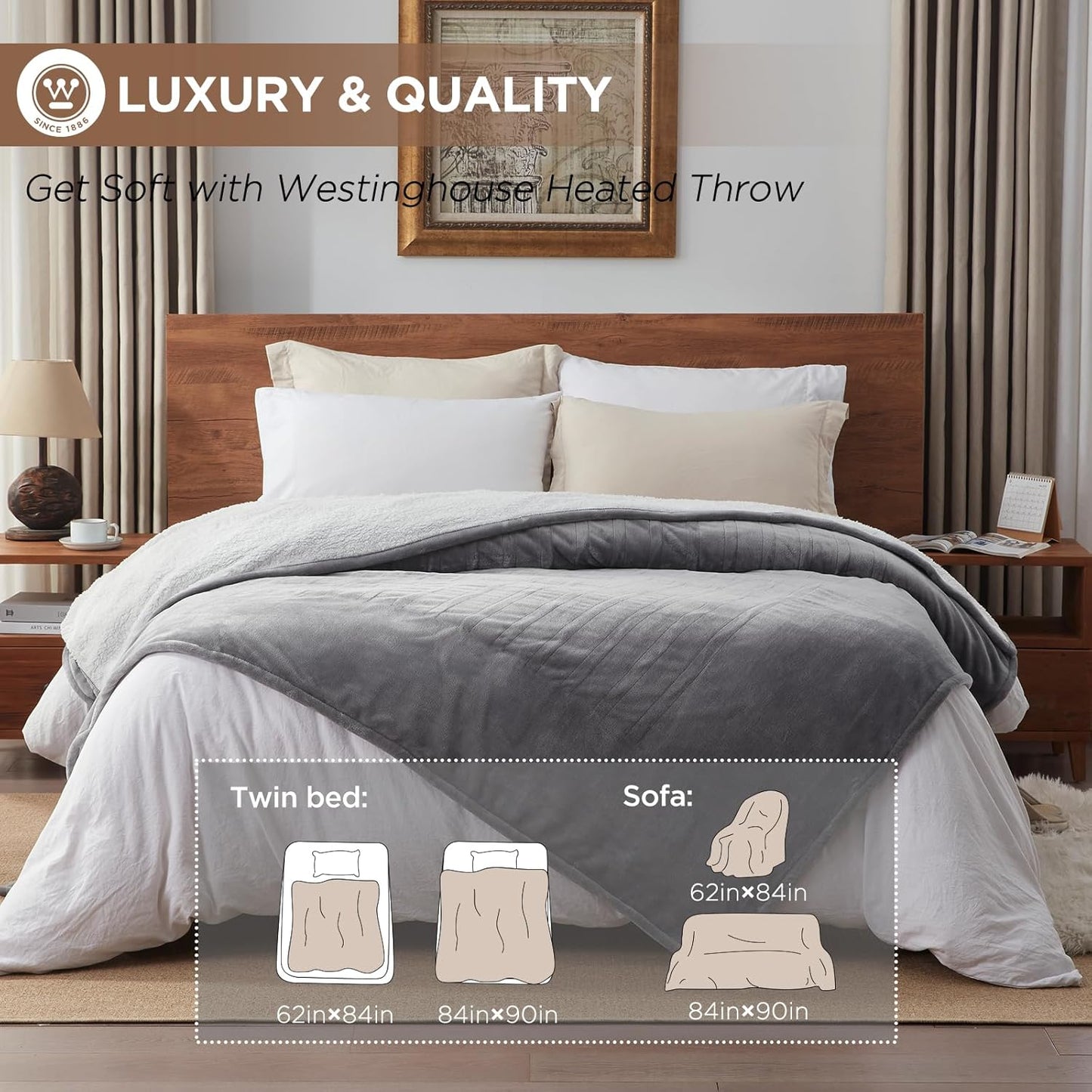 Westinghouse Heated Blanket Full Size, Soft Flannel to Sherpa Electric Blanket with 10 Heating Levels, 12 Hours Auto Off, Fast Heating Warming Blanket, Machine Washable, 72x84 Inch, Light Grey
