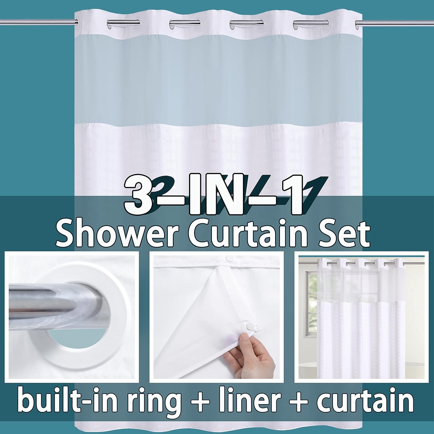 Extra Long No Hook Shower Curtain with Snap in Liner Set, Hotel Luxury White Shower Curtains for Bathroom with See Through Top Window, Waterproof, Washable 71W x 84H