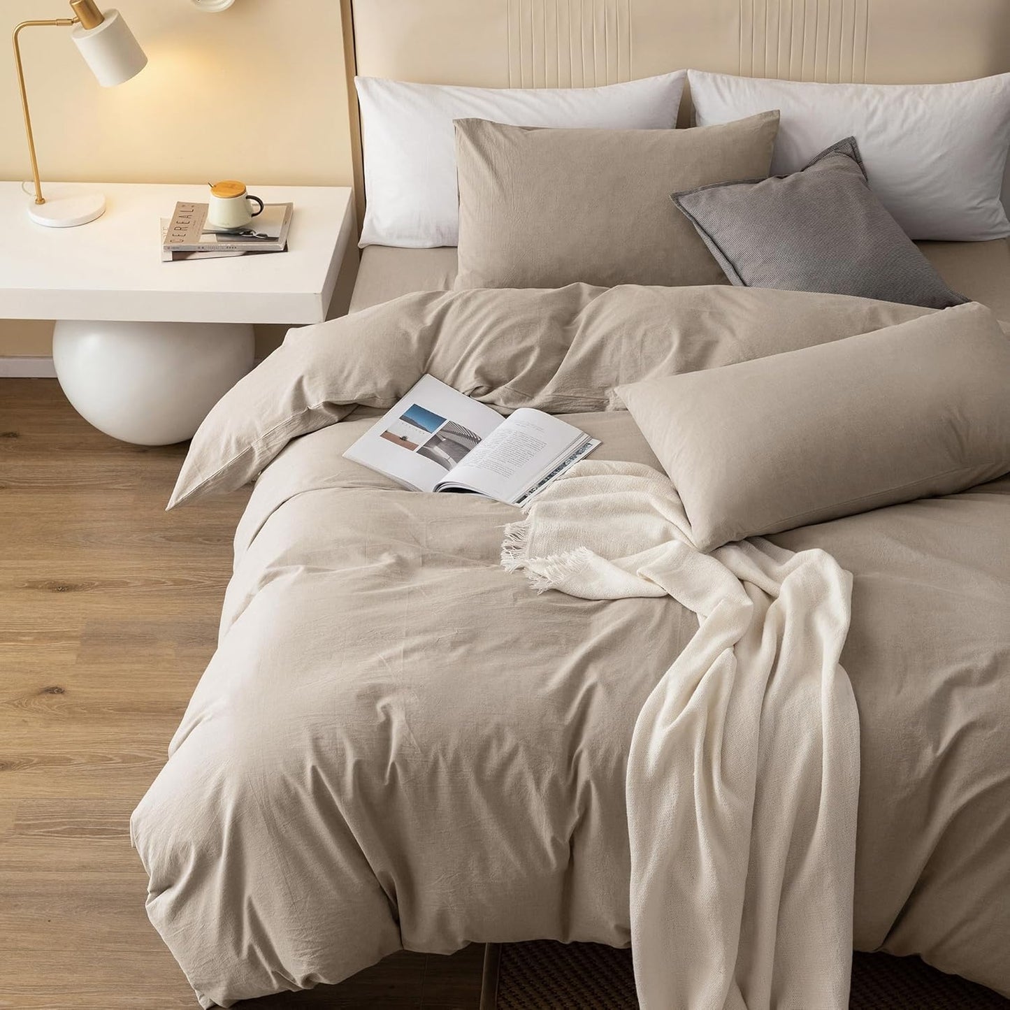 JIYUAN 100% Washed Cotton Duvet Cover Set 3 PCS Cal King, 1 Duvet Cover 104"x98" (Comforter Not Included) and 2 Pillowcases,Linen Feel Bedding Set Comfy and Breathable, Heathered Tannish Linen Grey