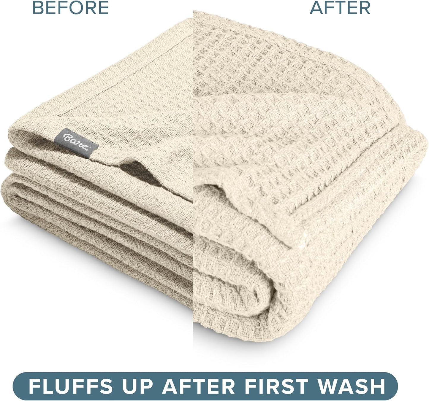Bare Home Oyster Waffle Blanket, Throw Size 44Wx66L, 100% Cotton, Soft & Breathable for All Seasons, Lightweight, Perfect for Layering Bed, Sofa & Couch (Throw/Travel, Oyster)