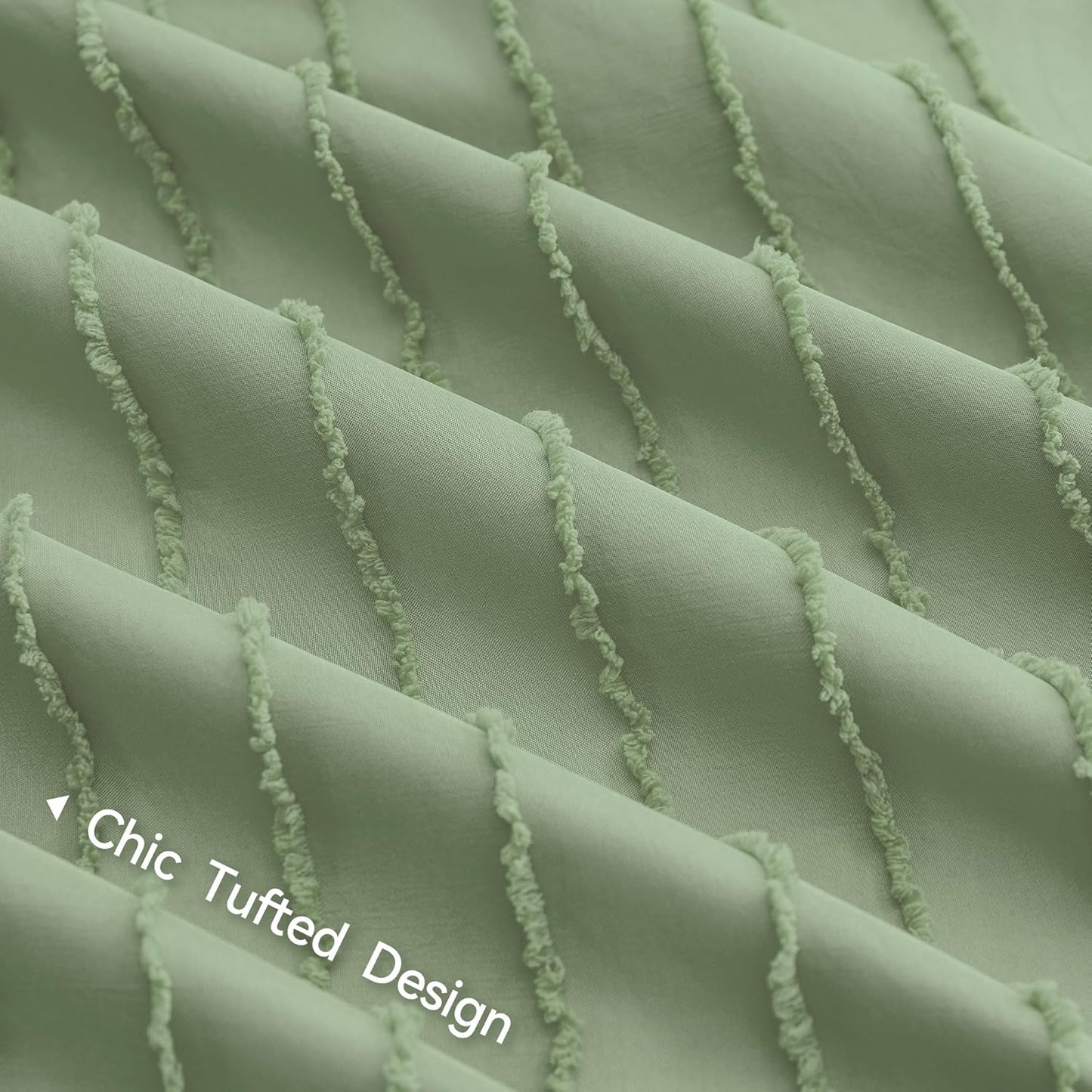 JELLYMONI Duvet Cover Queen Size Light Green - 3PCS Boho Striped Duvet Cover Set Polyester Tufted Bohemian Textured Comforter Cover 90×90in with Corner Ties & Zipper and 2 Pillowcases