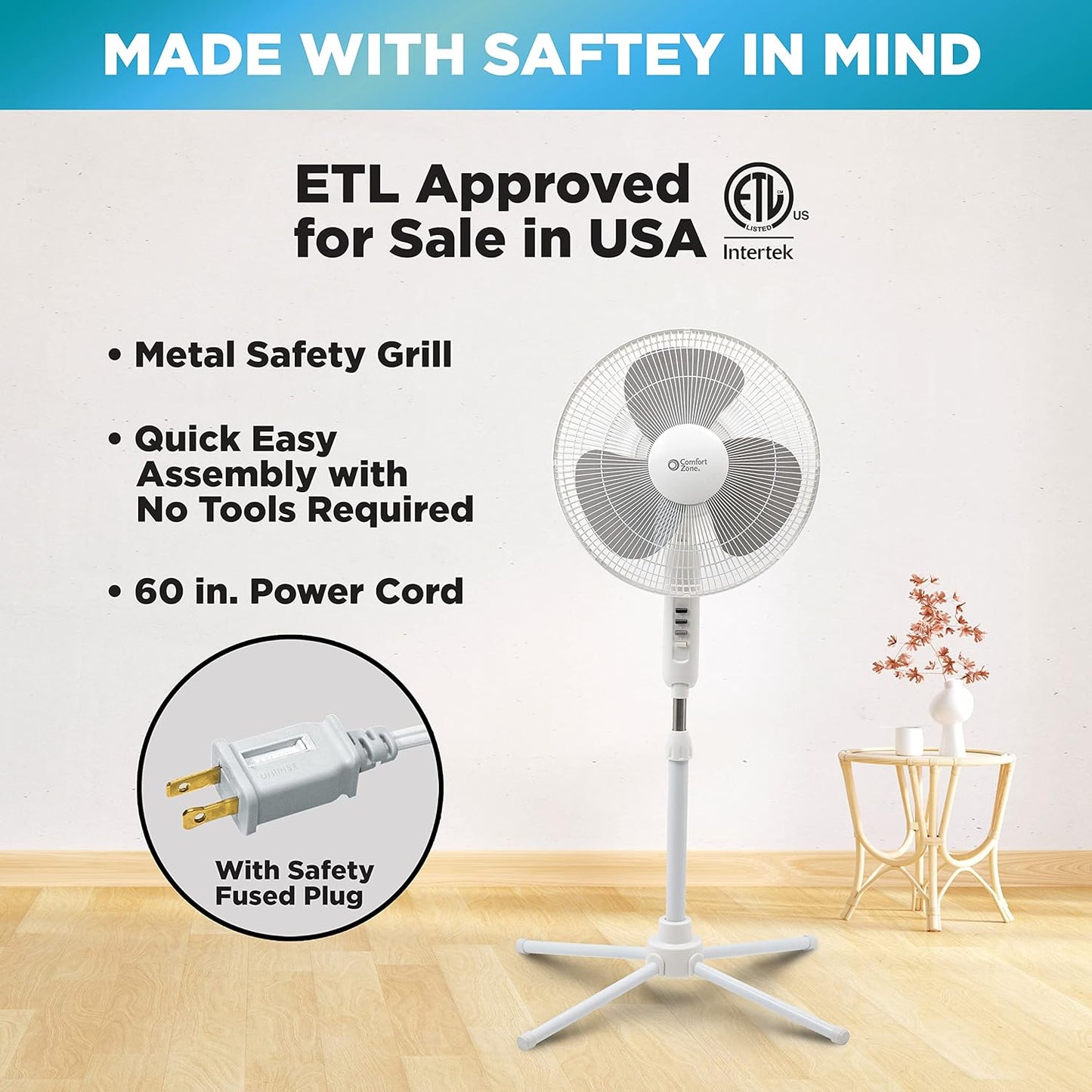 Comfort Zone Stand Fan, 16 inch Pedestal Fan for Bedroom, 3 Speed Floor Fan, 90 Degree Oscillation, Adjustable Height, Adjustable Tilt, Oscillating Air Circulator, Quiet Fan for Home or Office, White