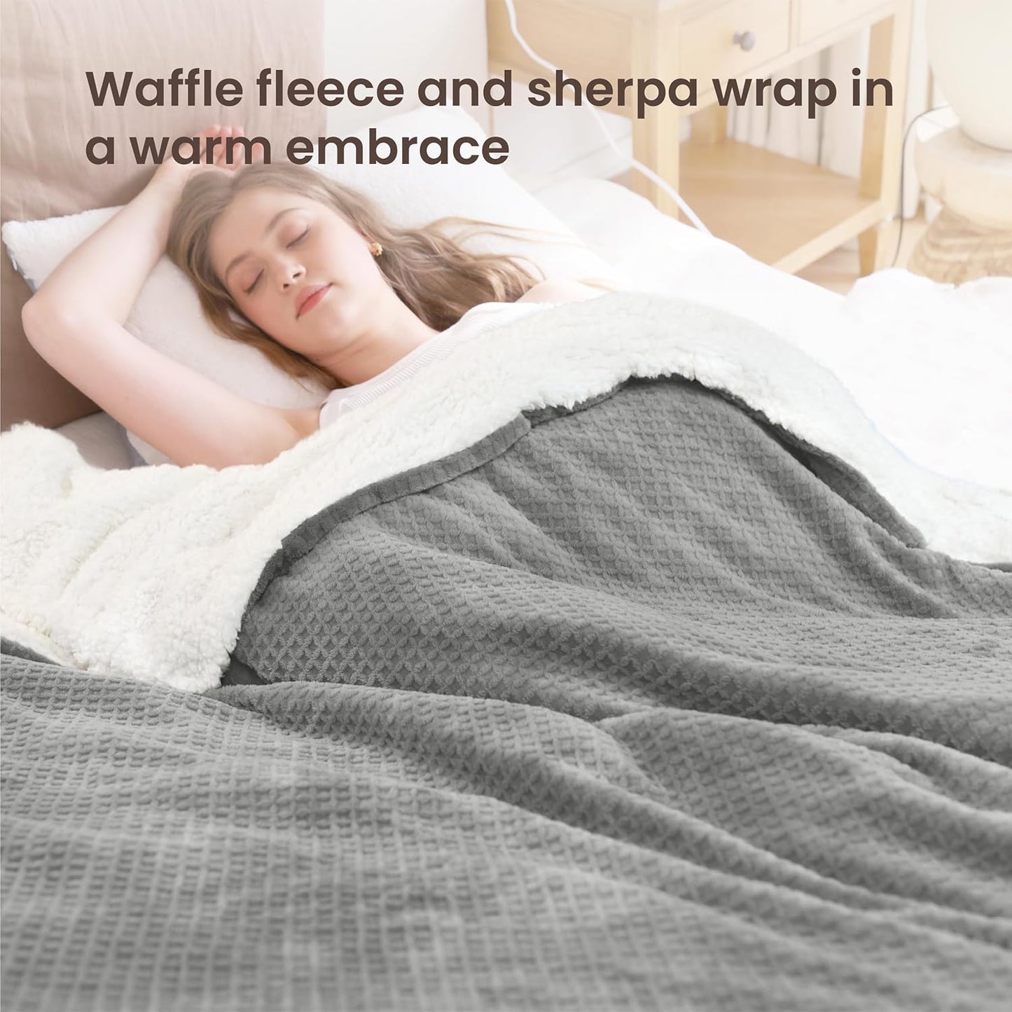 Heated Blanket Electric Blanket Full Waffle,72x84 Inches Sherpa Fleece Fast Heating Blanket 6 Heating Levels & 10 Hours Auto Off ETL Certification, Grey Full
