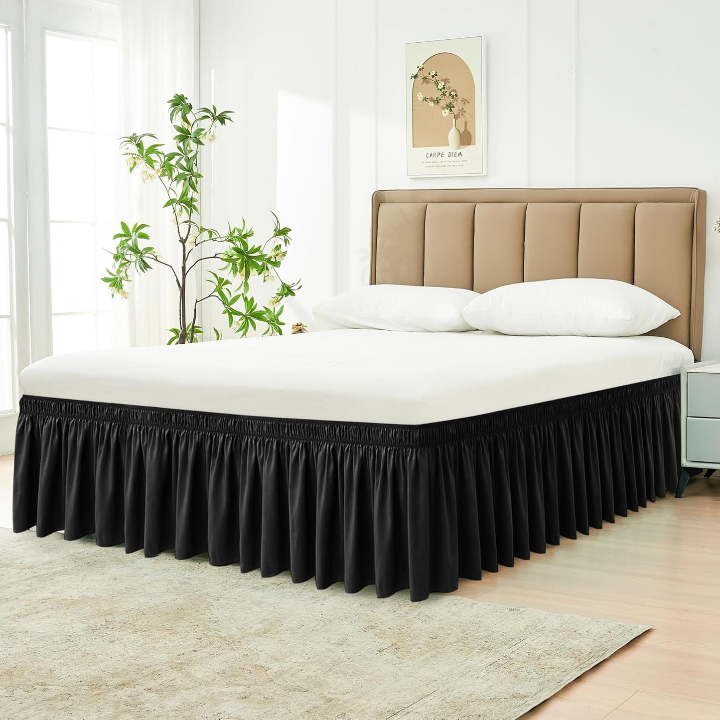 Biscaynebay Wrap Around Bed Skirts for Full & Full XL Beds 16" Drop, Black Adjustable Elastic Dust Ruffles Easy Fit Wrinkle & Fade Resistant Silky Luxurious Fabric Solid Machine Washable
