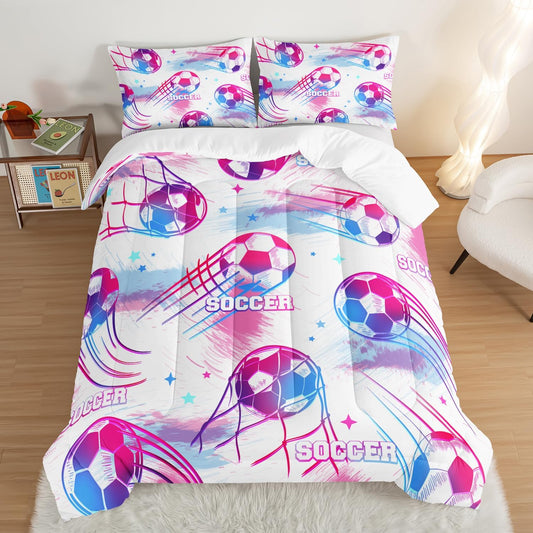 Ball Games Bedding Football King Comforter Set,Pink and Blue Soccers Stars Bedding Set for Kids Girls Boys Room Decor,Sports on The Court Aesthetic Bedding Sets with 2 Pillowcases.