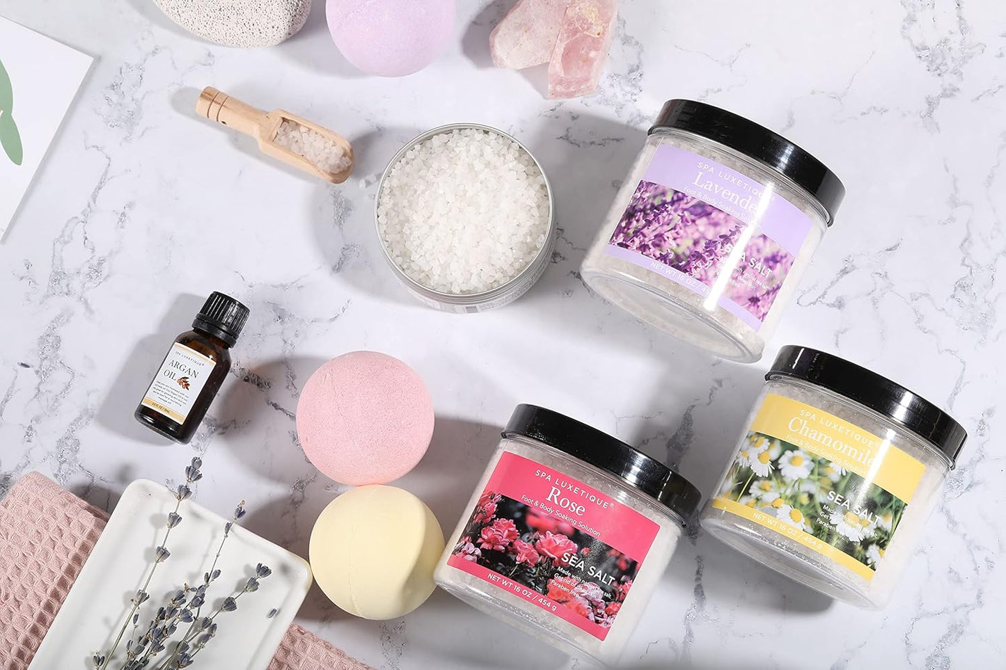 spa luxetique Bath Salts, 8pcs Bath Salts Gift Set with Argan Oil, Bath Bombs, Wooden Scoop, Epsom Salt for Soaking in Lavender, Rose, Chamomile Scent, Mother's Day Gifts
