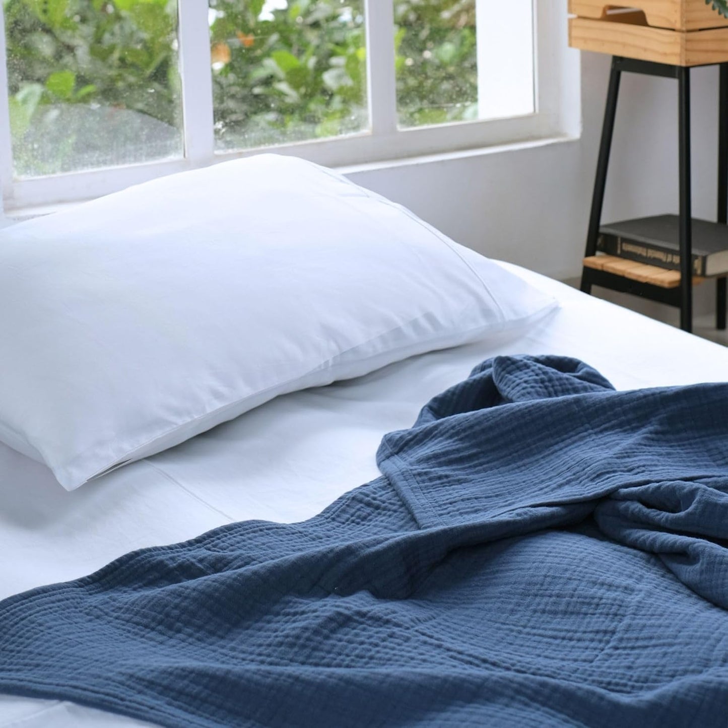 Salt Earth 100% Cotton Muslin Blanket, Gauze Blanket 80"X90" Queen, 4 Layered for Couch, Bed, Living Room,Lightweight & All Seasons Blankets & Throws, Easy to wash,Nature & Skin Friendly(Navy Blue)
