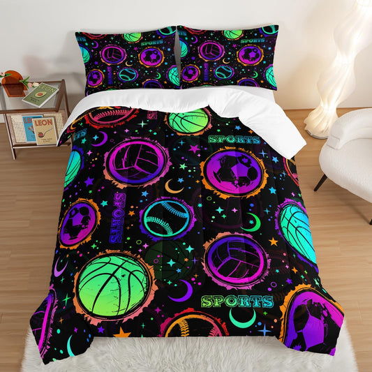 Ball Games Bedding Basketball Football Baseball Queen Comforter Set,Colorful Neon Stars and Moon Bedding Set for Kids Girls Boys Room Decor,Sports Aesthetic Bedding Sets with 2 Pillowcases.