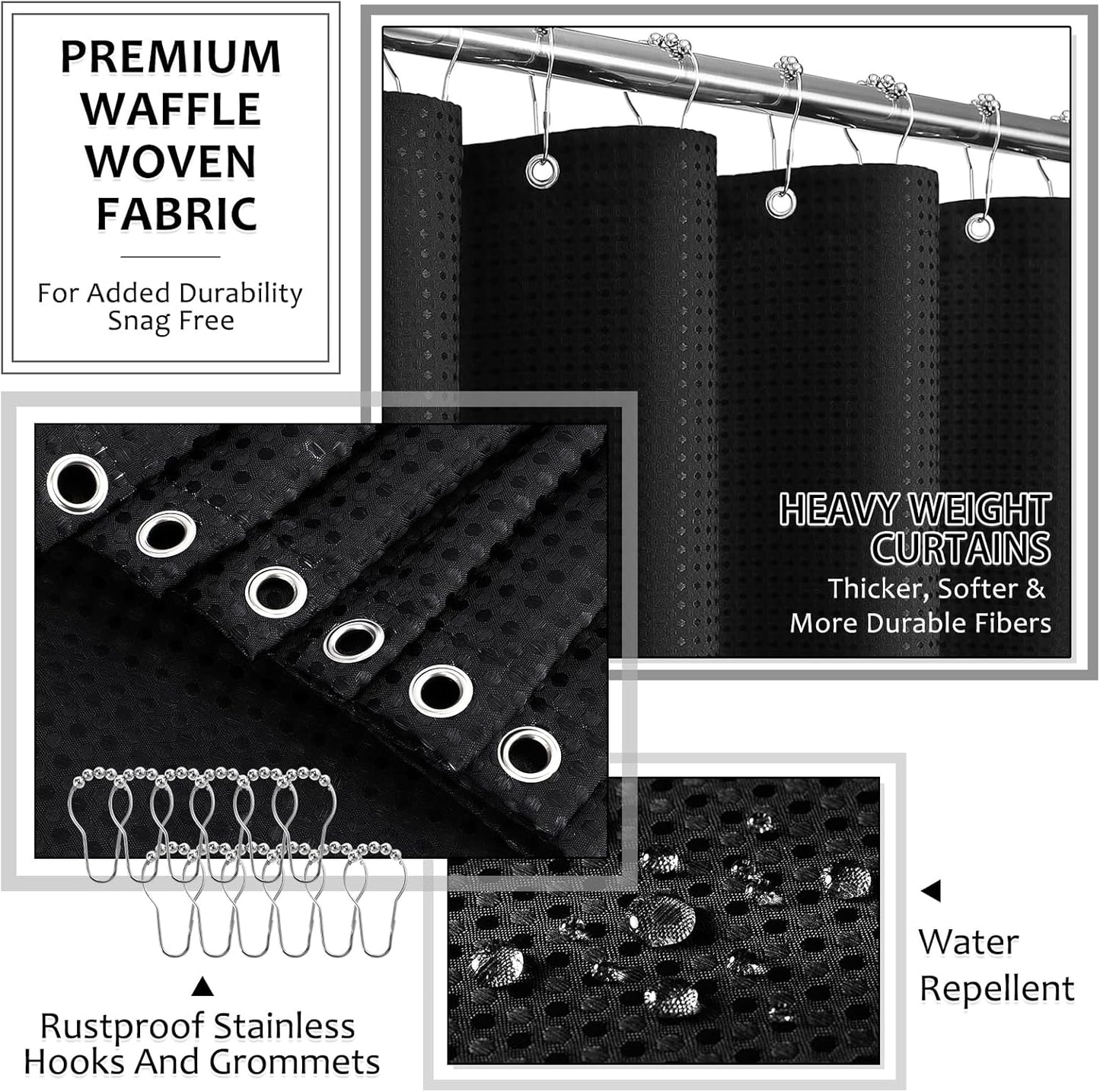 8-Piece Matte Black Bathroom Set - Luxury Resin Bathroom Accessories Sets Complete with Shower Curtain and Rugs, Soap Dispenser, Toothbrush Holder, Cup, Apothecary Jars & Tray