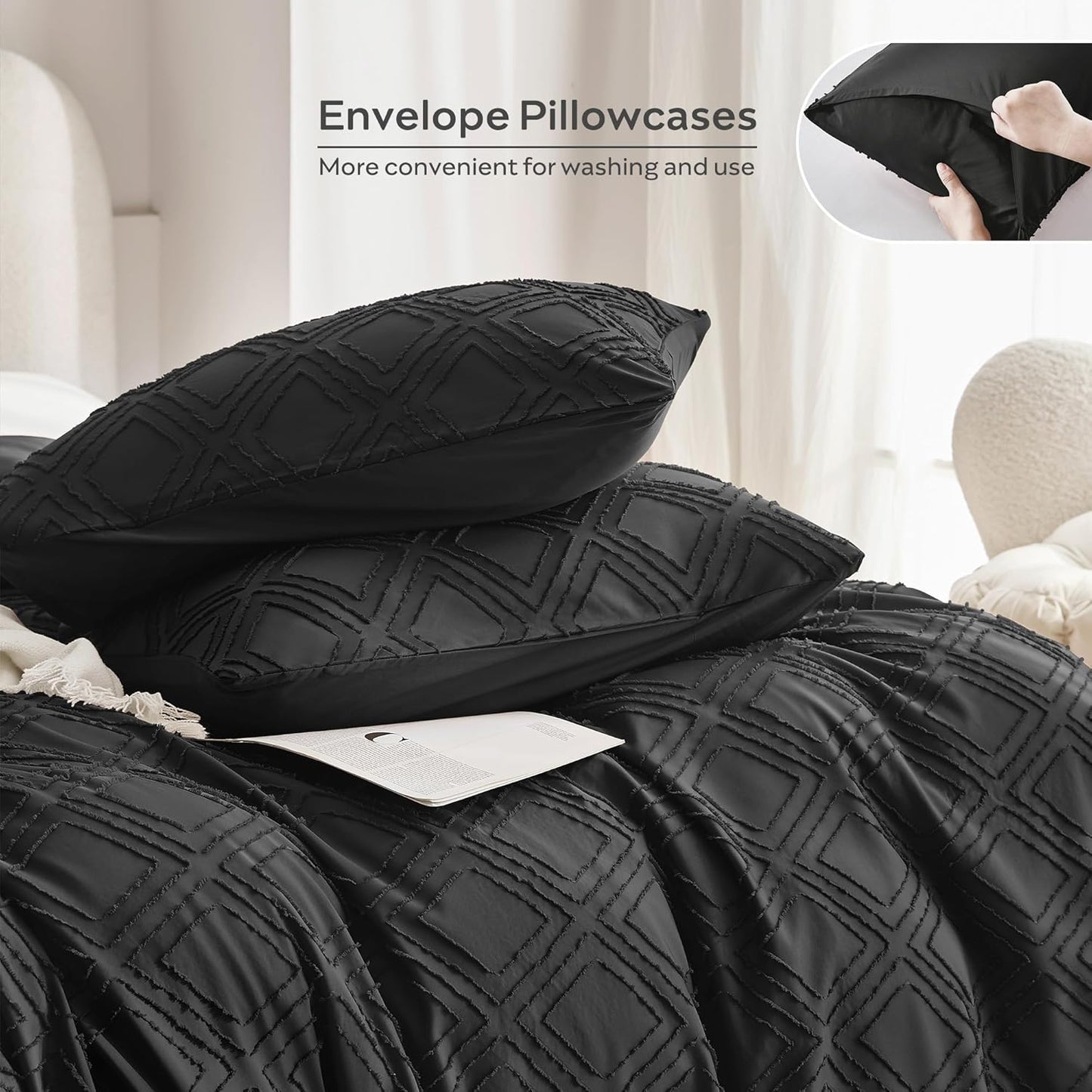 JELLYMONI Duvet Cover Queen Size Black - 3PCS Boho Duvet Cover Set Plaid Polyester Tufted Bohemian Jacquard Knit Textured Comforter Cover 90×90in Rhombic Geometric Pattern Zipper Corner Tie