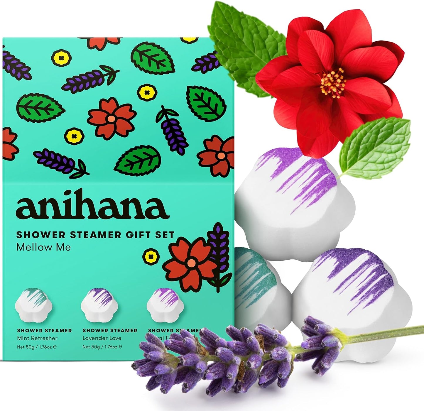 ANIHANA Shower Steamers 3 Pack Gift Set with Essential Oils Paraben Free Mint Refresher, Lavender Love, Floral Fantasy, 1.76 oz Each