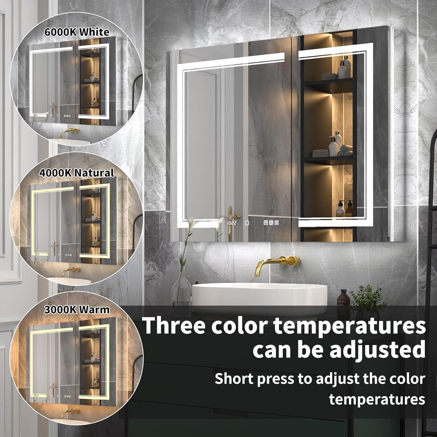 40"x32"Lighted Medicine Cabinet with Mirror，Recessed or Surface Mount LED Medicine Cabinet, Front&Backlit, Clock Temp Display, Anti-Fog, Stepless Dimming, 3-Color Temperatures, Adjustable Shelves