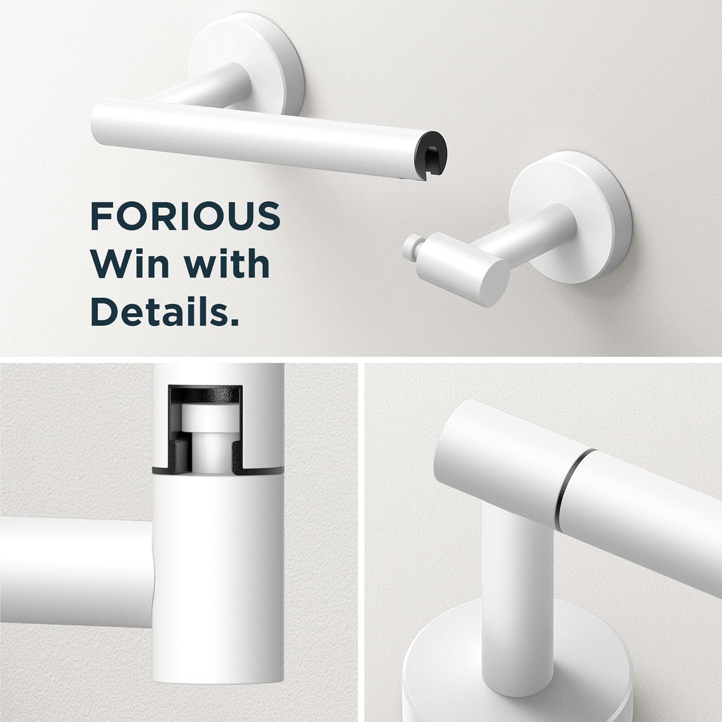 FORIOUS Toilet Paper Holder Wall Mount, SUS304 Stainless Steel Double Post Pivoting Tissue Roll Holder and Hand Towel Ring Set for Bathroom, RV, Bathroom Hardware Accessories Set, White