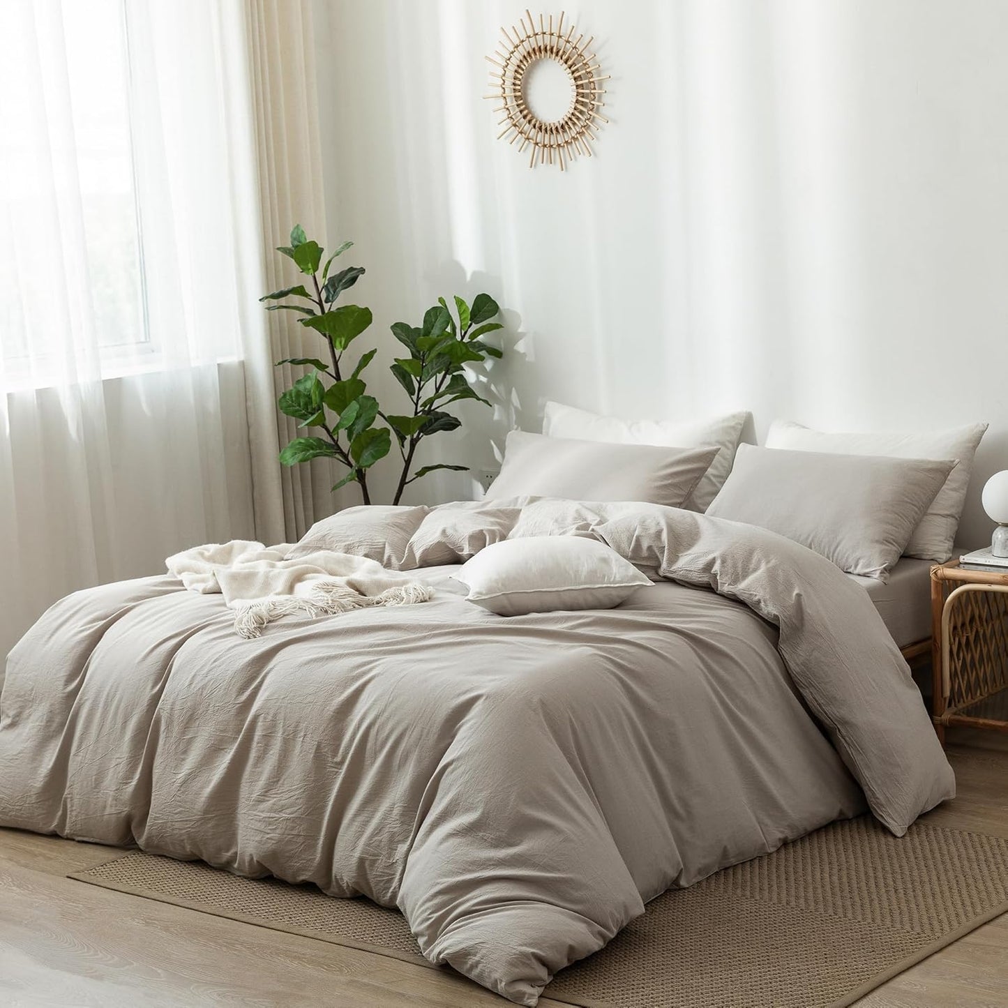 MooMee Bedding Duvet Cover Set 100% Washed Cotton Linen Like Textured Breathable Durable Soft Comfy (Heathered Cream Grey, Palatial King/Oversized King 120"x98")