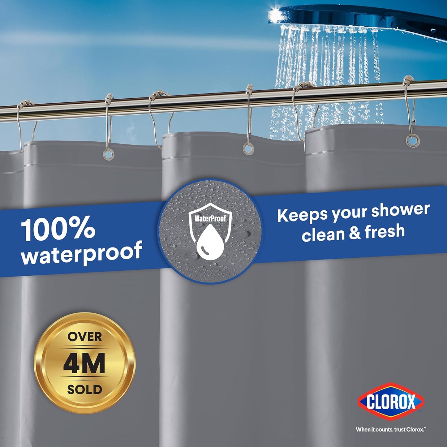 CLOROX Shower Curtain Liner, Premium Colored Medium-Weight Durable Waterproof 6g PEVA for Bathroom with Weighted Magnets, Standard Size 72" x 72", Grey