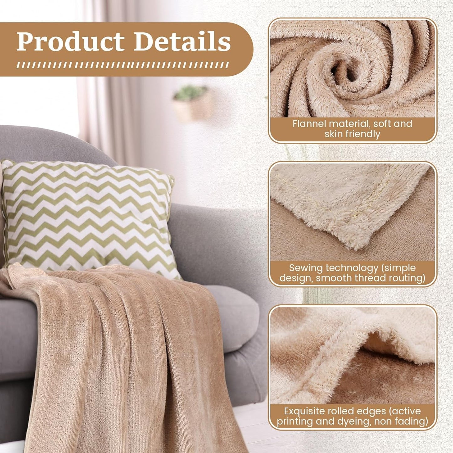18 Pieces Fleece Blankets Bulk for Wedding 50 x 60 Inch Soft Lightweight Flannel Throw Blankets Bulk for Wedding Guests Home Outdoor Couch Sofa Bed Gifts(Camel)