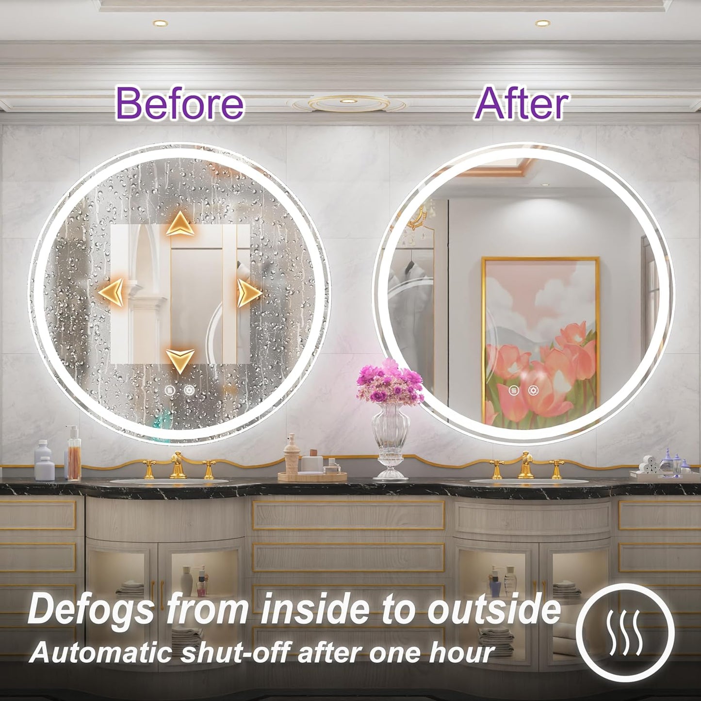 40-Inch Round LED Bathroom Mirror with Anti-Fog, Dimmable Front & Backlit Lights, 6000K Daylight, Frameless, 5mm HD Glass, Memory Function, Touch Control