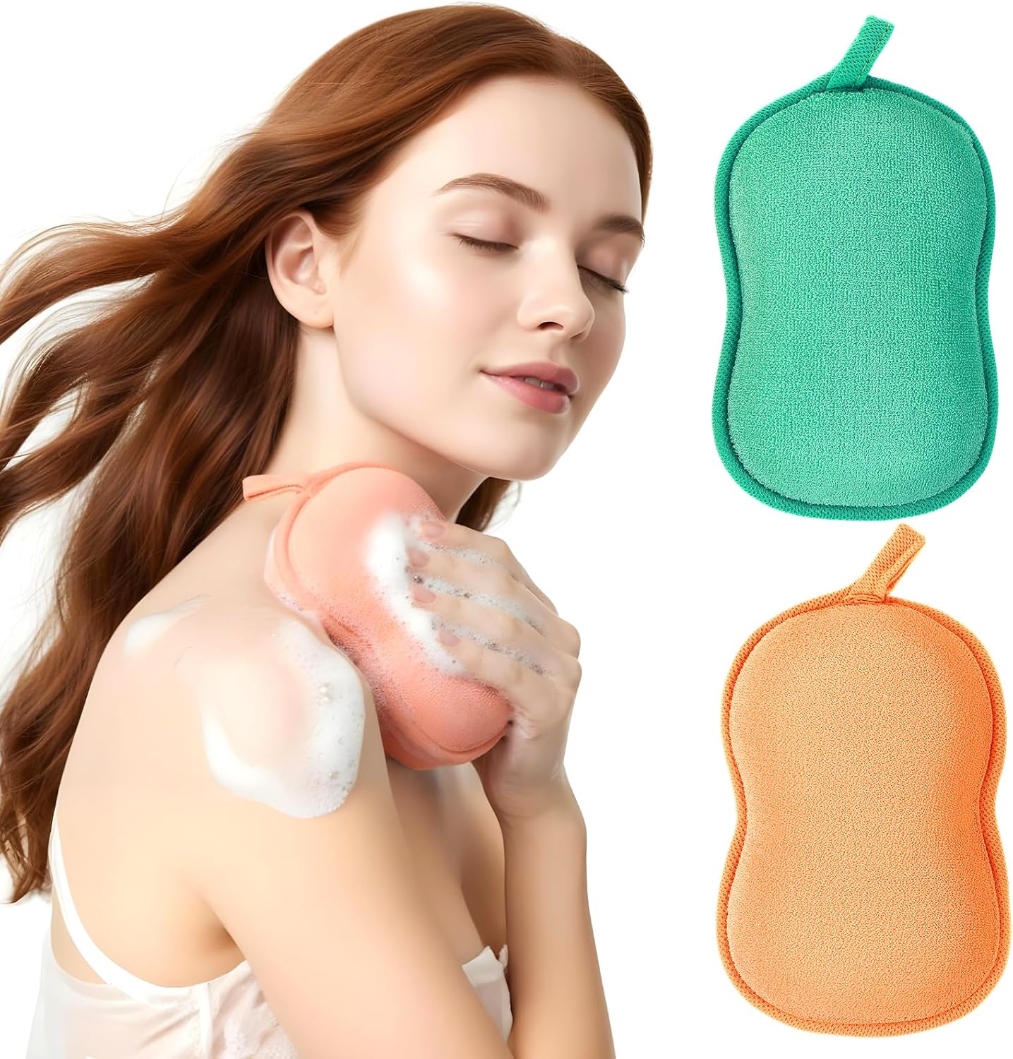2Pcs Bath Sponge, Ultra Soft Absorbent Sponge for Bathing, Exfoliating Shower Loofah Sponges Bathing Tool for Men Women Body Skin(Green+Orange)