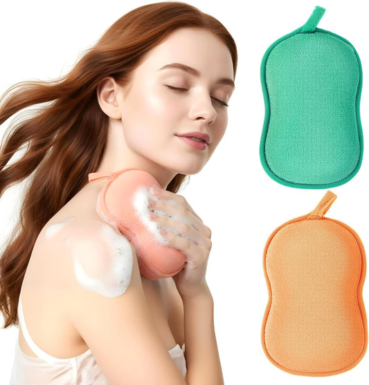 2Pcs Bath Sponge, Ultra Soft Absorbent Sponge for Bathing, Exfoliating Shower Loofah Sponges Bathing Tool for Men Women Body Skin(Green+Orange)