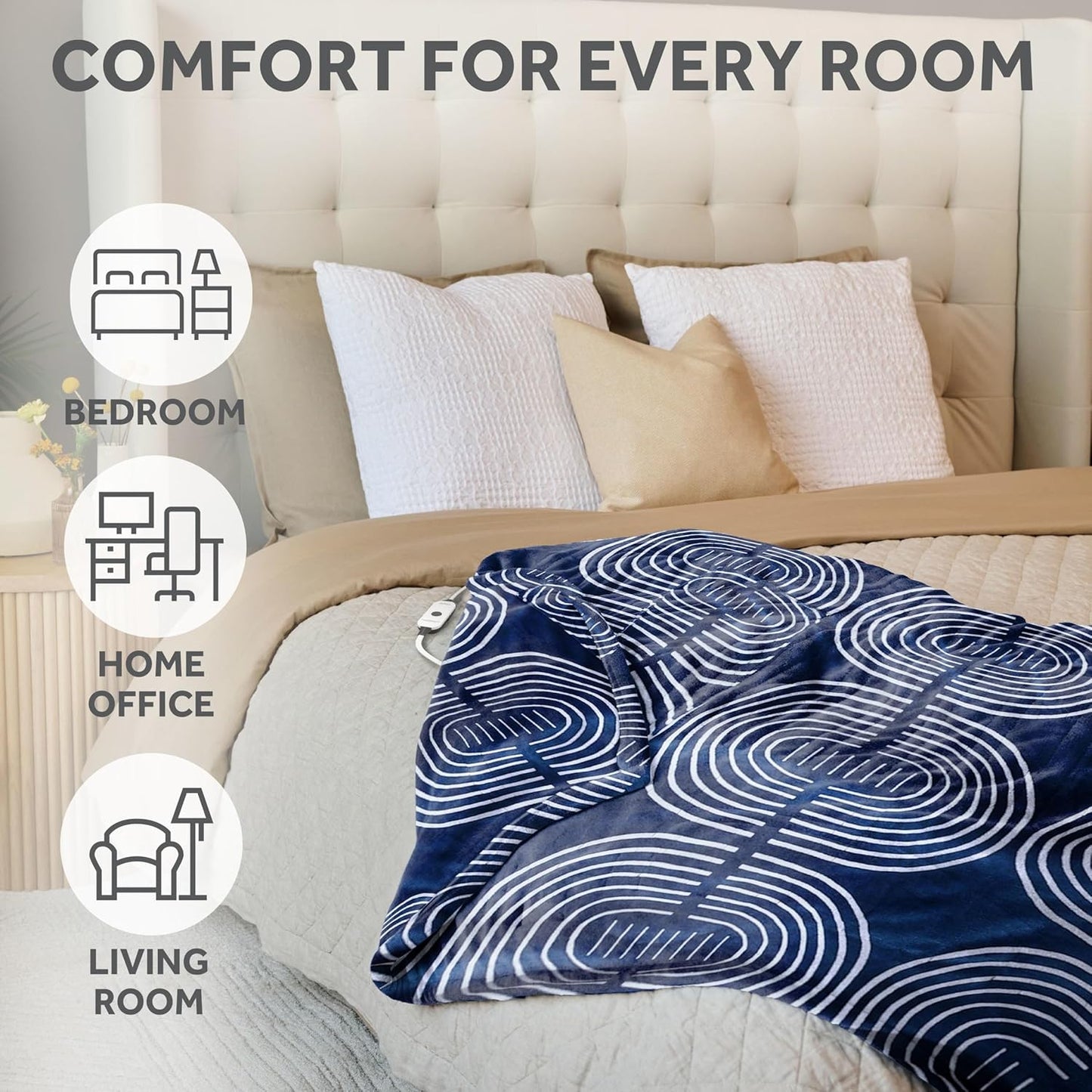 Sunbeam Ultimate Cozy Royal Posh Velvet Hand & Foot Pocket Heated Throw Electric Blanket, 50" x 72", 4 Heat Settings, 4-Hour Auto Shut-Off, Warming Throw for Couch, Machine Washable, Blue Rounds