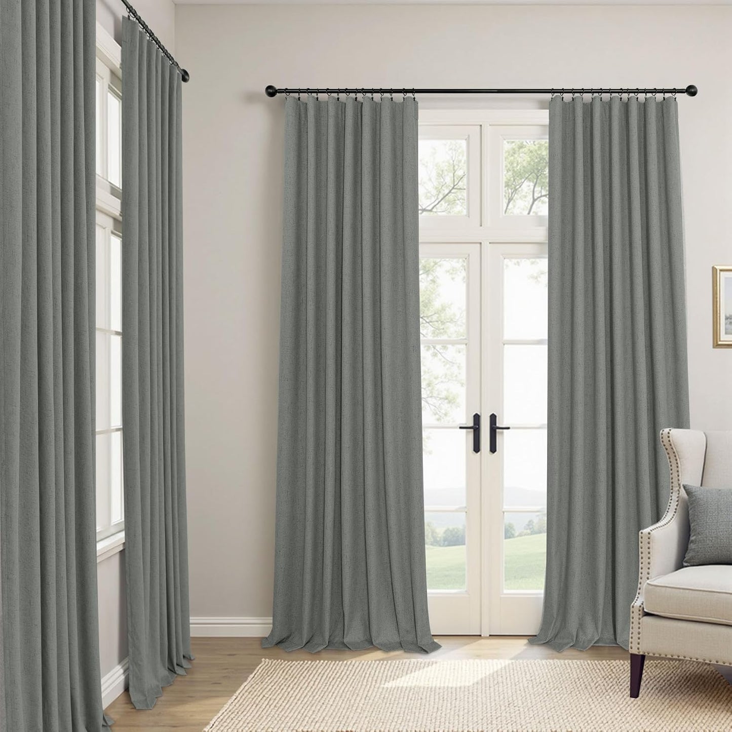 Dark Grey Curtains 108 Inches Long 2 Panels Set for High Ceiling Window Linen Textured Blackout Drapes for Living Room Bedroom Modern Farmhouse Black Out Curtains 9 FT Foot Length Slate Charcoal Gray