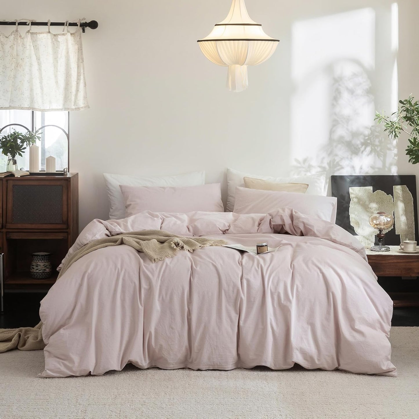 FOSSA Duvet Cover Set 100% Washed Cotton Linen Feel Super Soft Breathable Cozy 3 Pieces Bedding Sets Solid Greyish Pink Queen